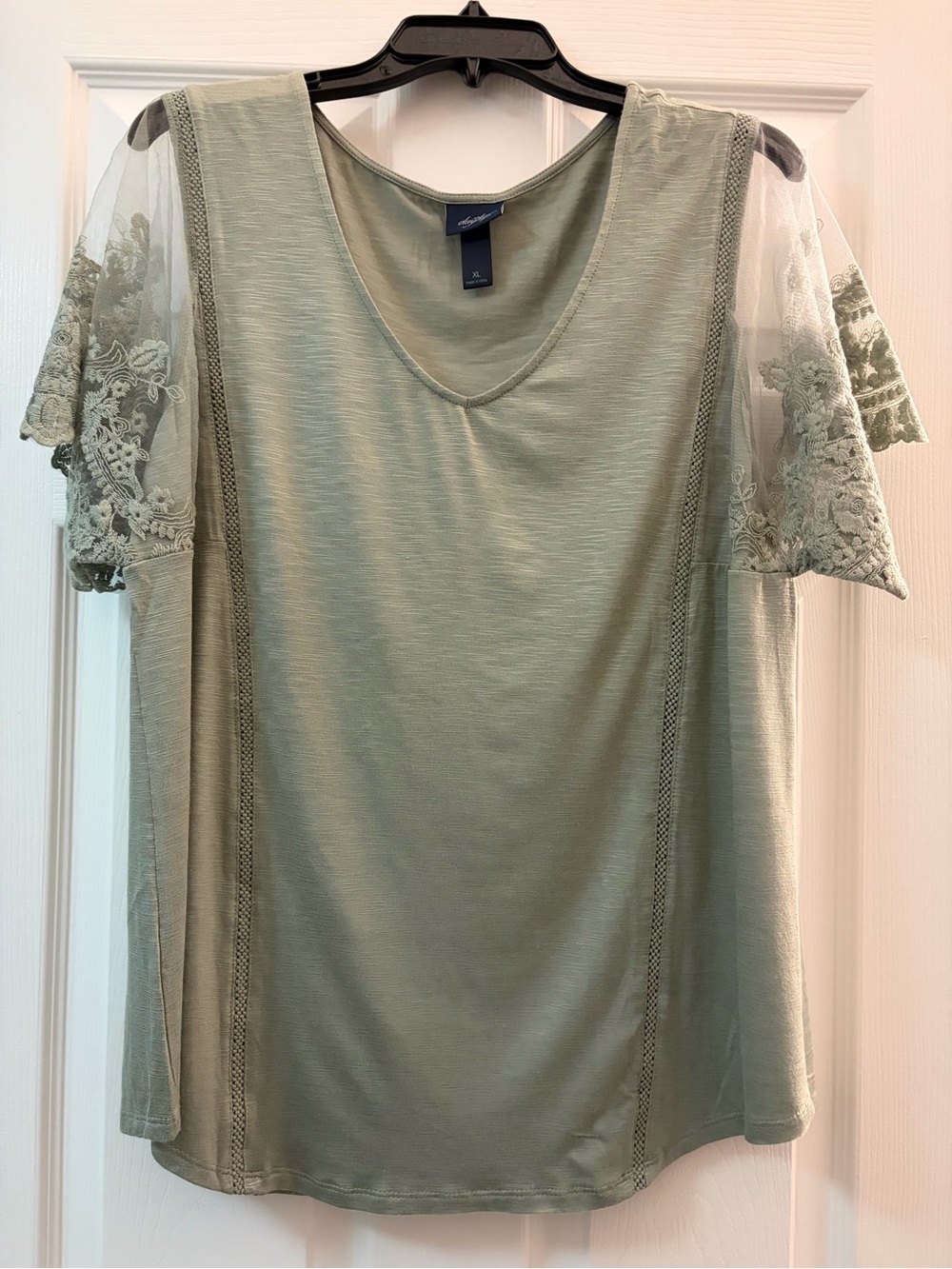Daytrip Sage Green V-Neck Top with Lace Mesh Sleeves